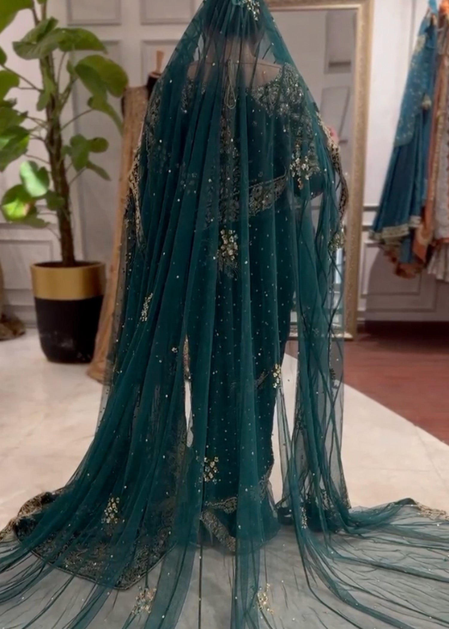 Deep Teal Embroidered Net Saree (2-Piece) - Image 3