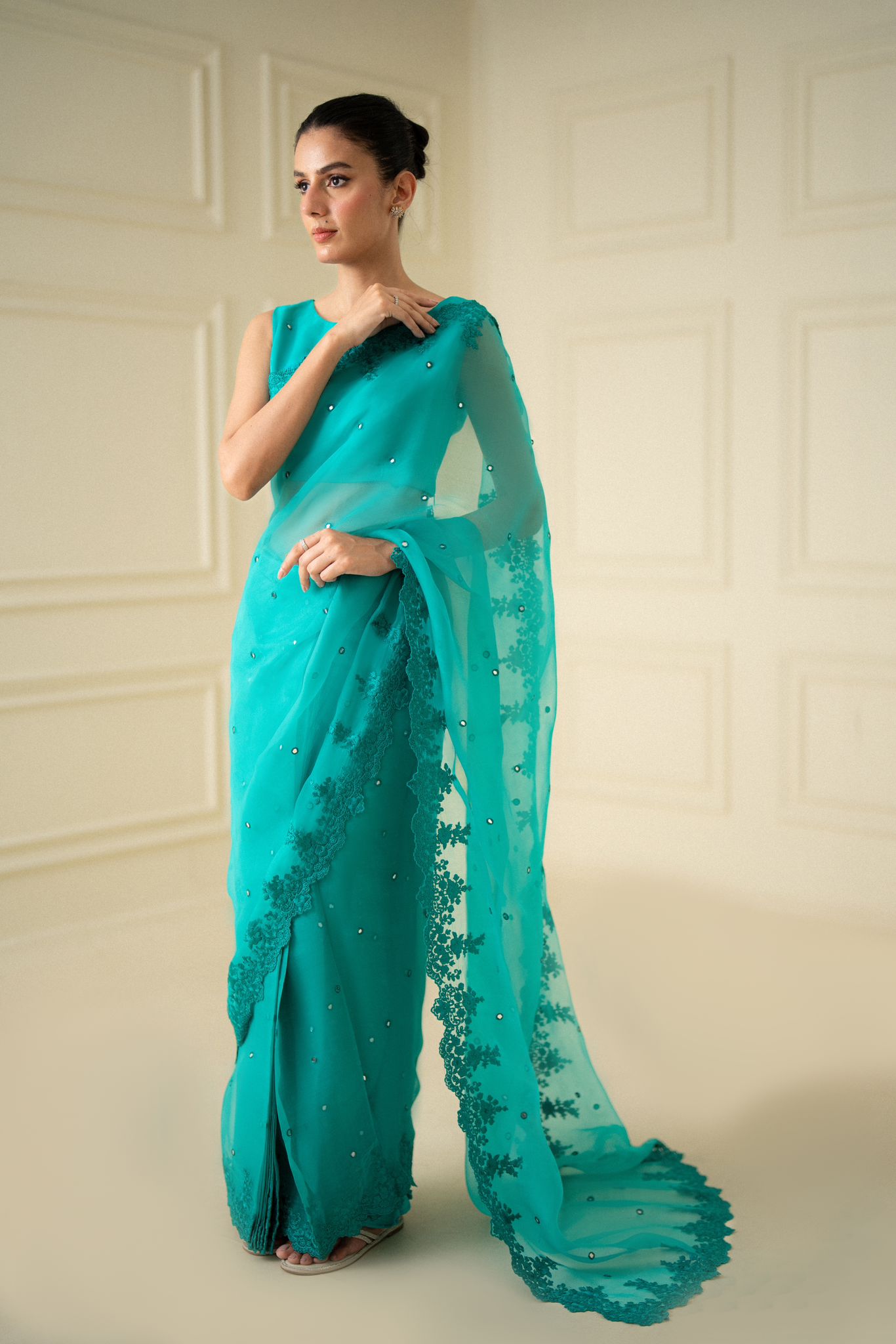 Teal Embroidered Organza Saree with Raw Silk Blouse (2-Piece) - Image 3
