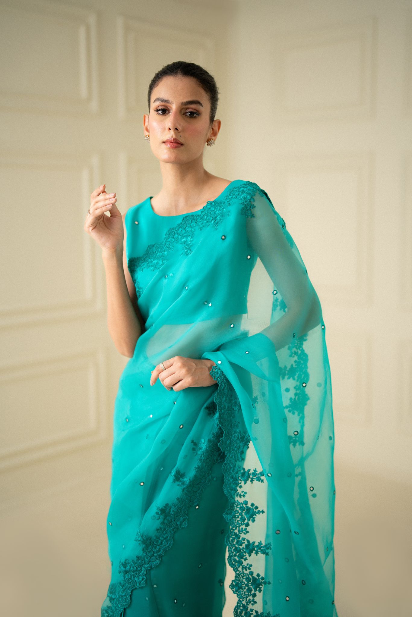 Teal Embroidered Organza Saree with Raw Silk Blouse (2-Piece) - Image 5