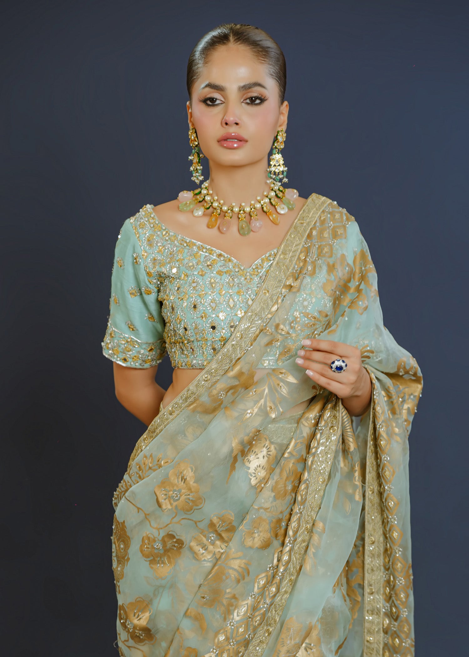 Ferozi Handworked Organza Saree with Raw Silk Blouse (2-Piece) - Image 2