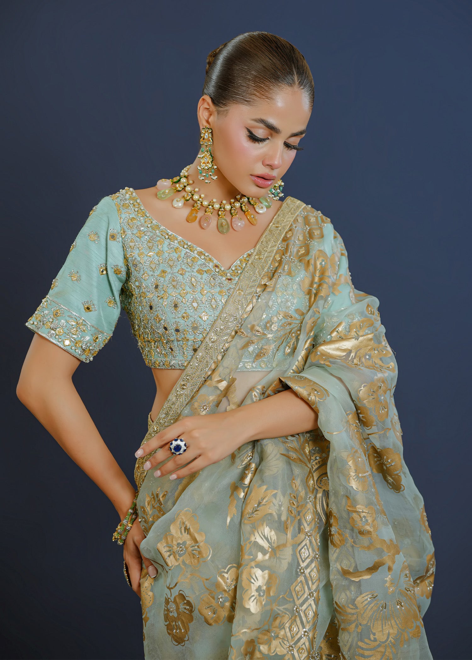 Ferozi Handworked Organza Saree with Raw Silk Blouse (2-Piece) - Image 7
