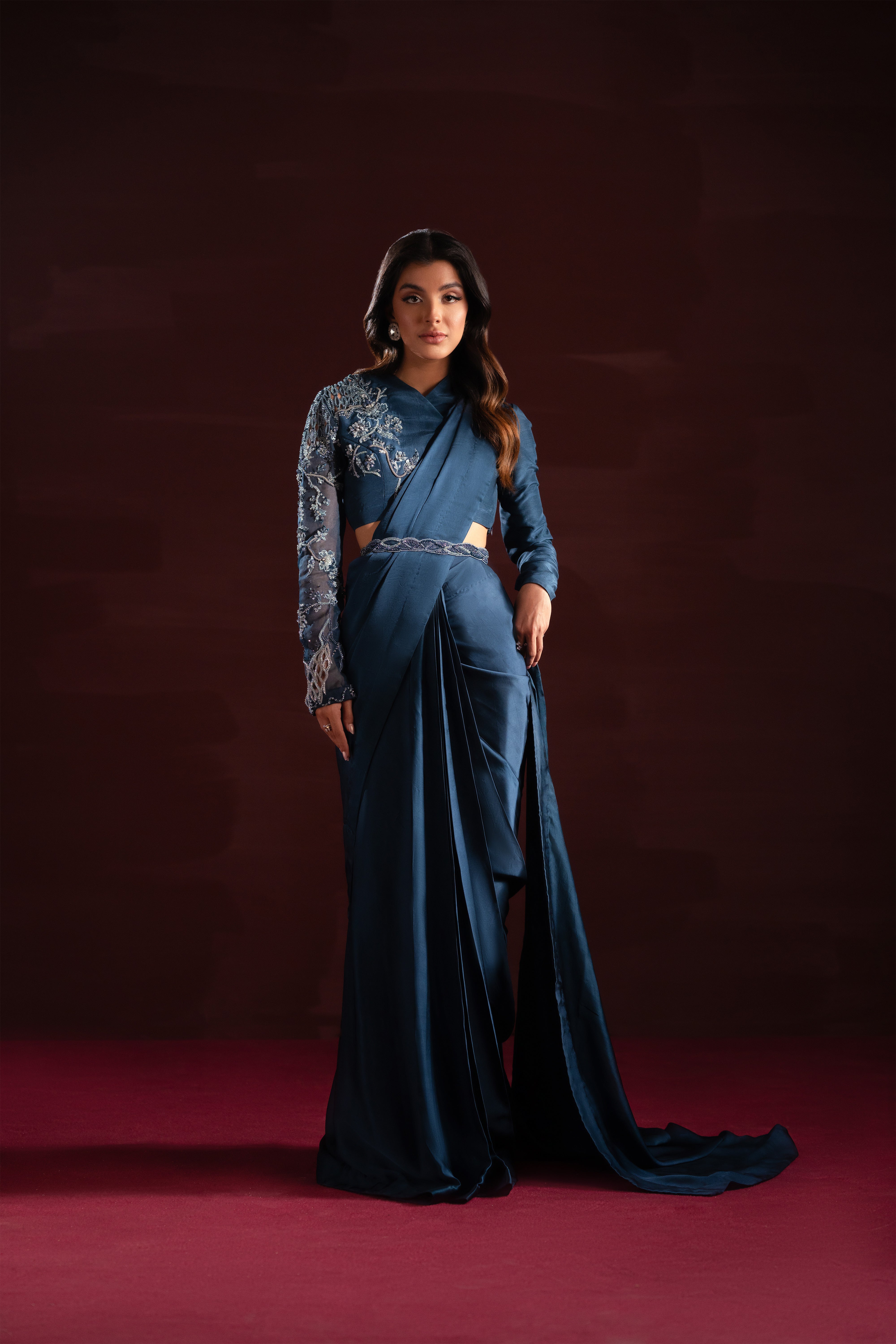 Pakistani Deep Teal Embellished Raw Silk Saree (4-Piece) - Image 1