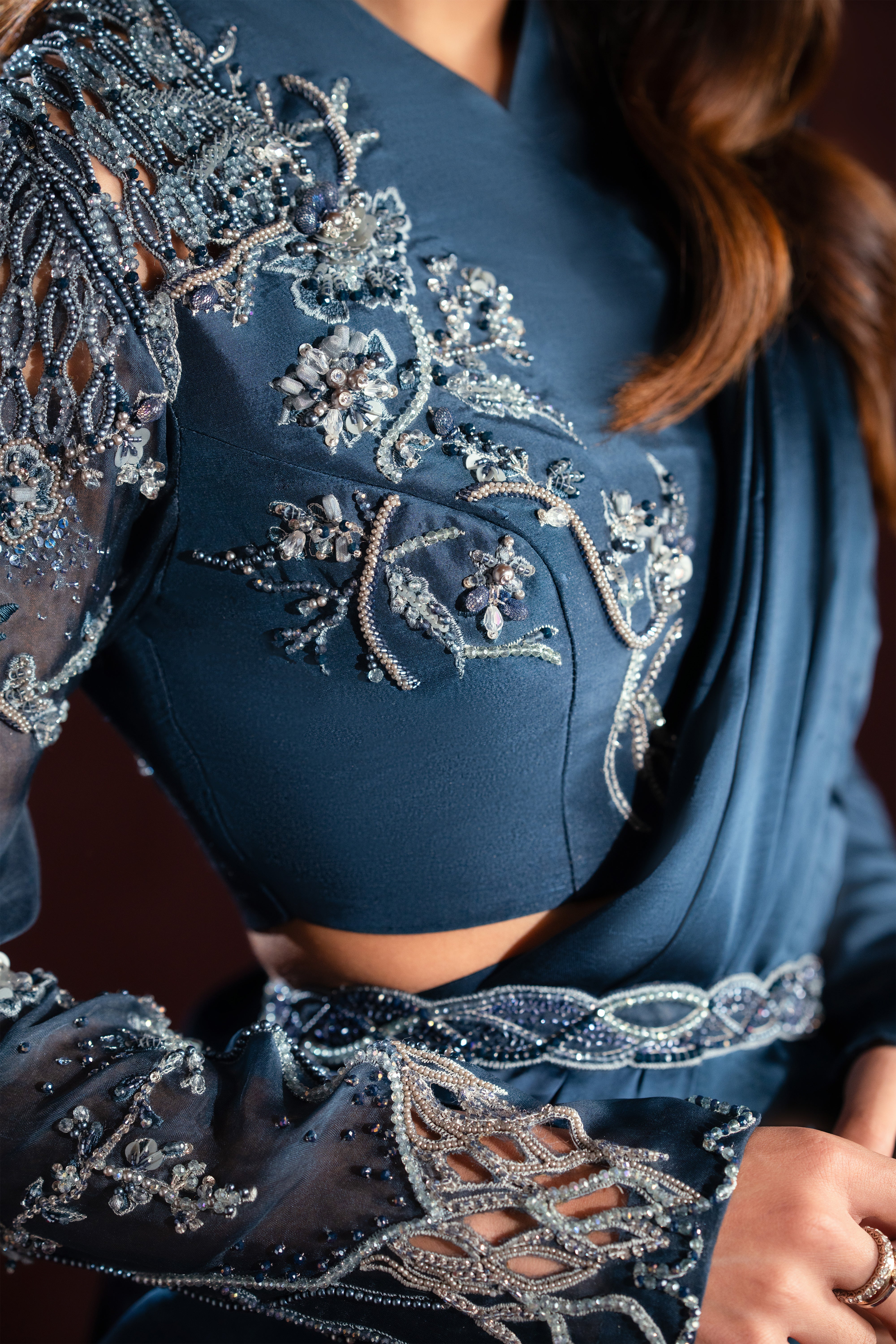 Pakistani Deep Teal Embellished Raw Silk Saree (4-Piece) - Image 5