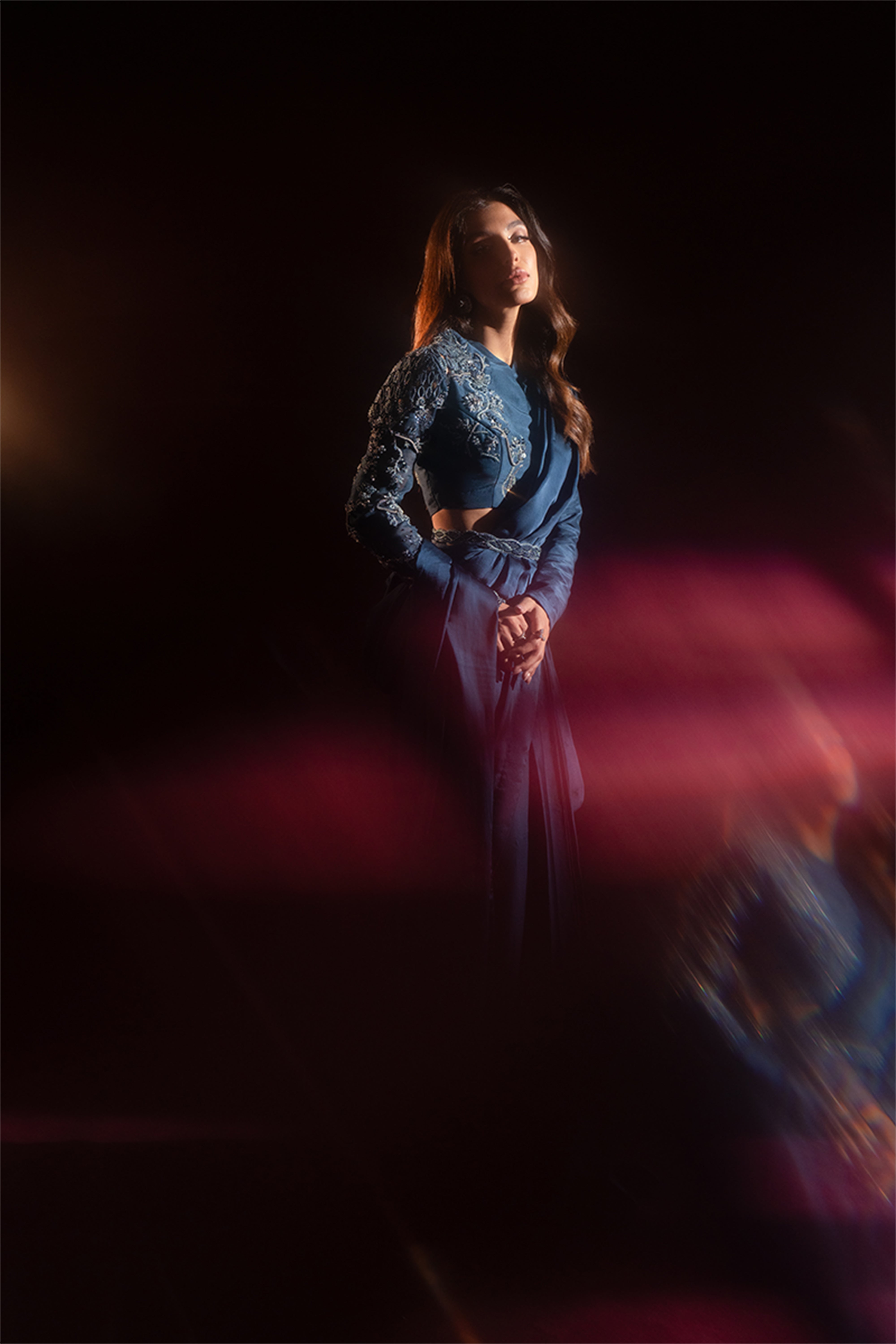 Deep Teal Embellished Silk Saree Set (4-Piece) - Image 12