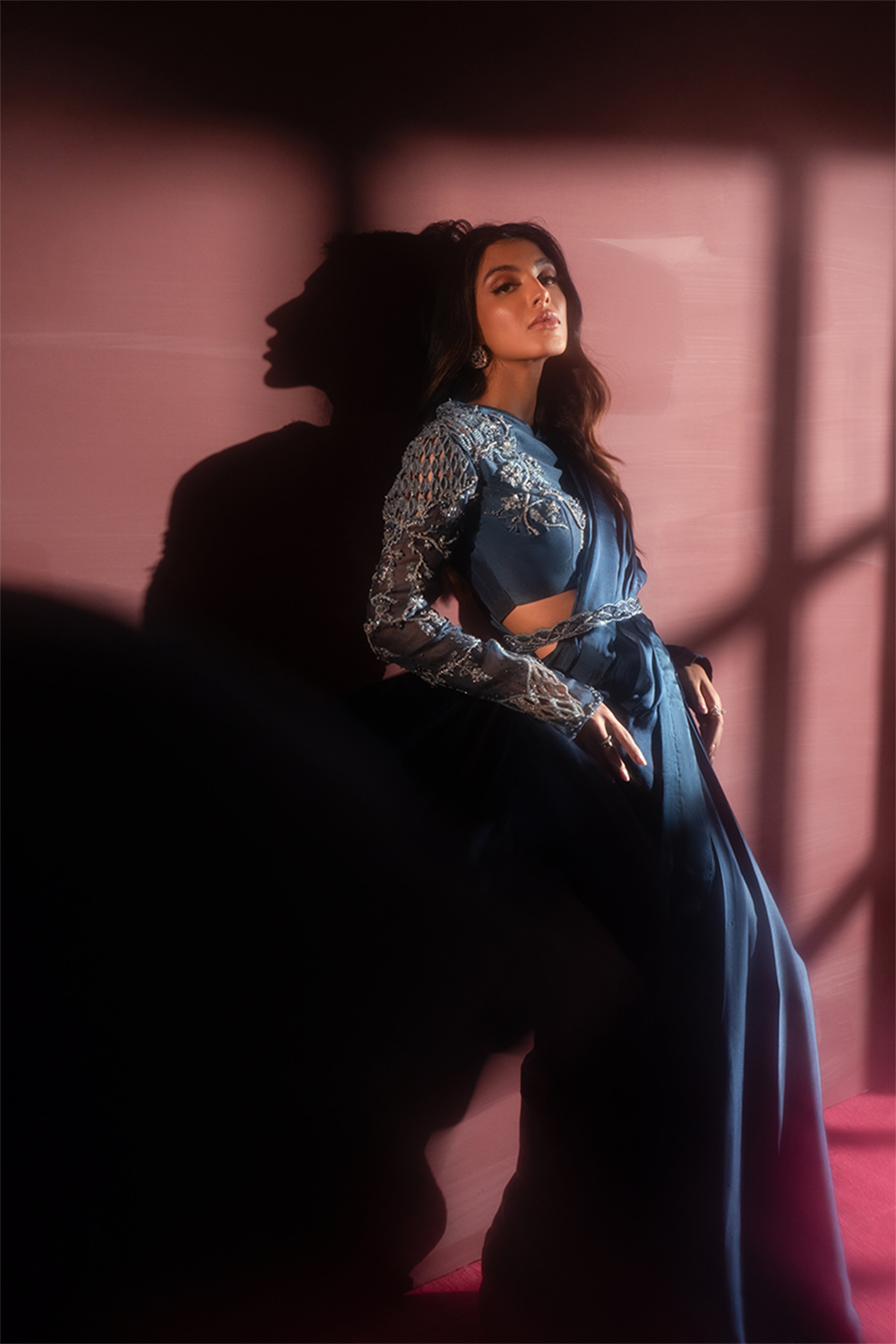 Deep Teal Embellished Silk Saree Set (4-Piece) - Image 13