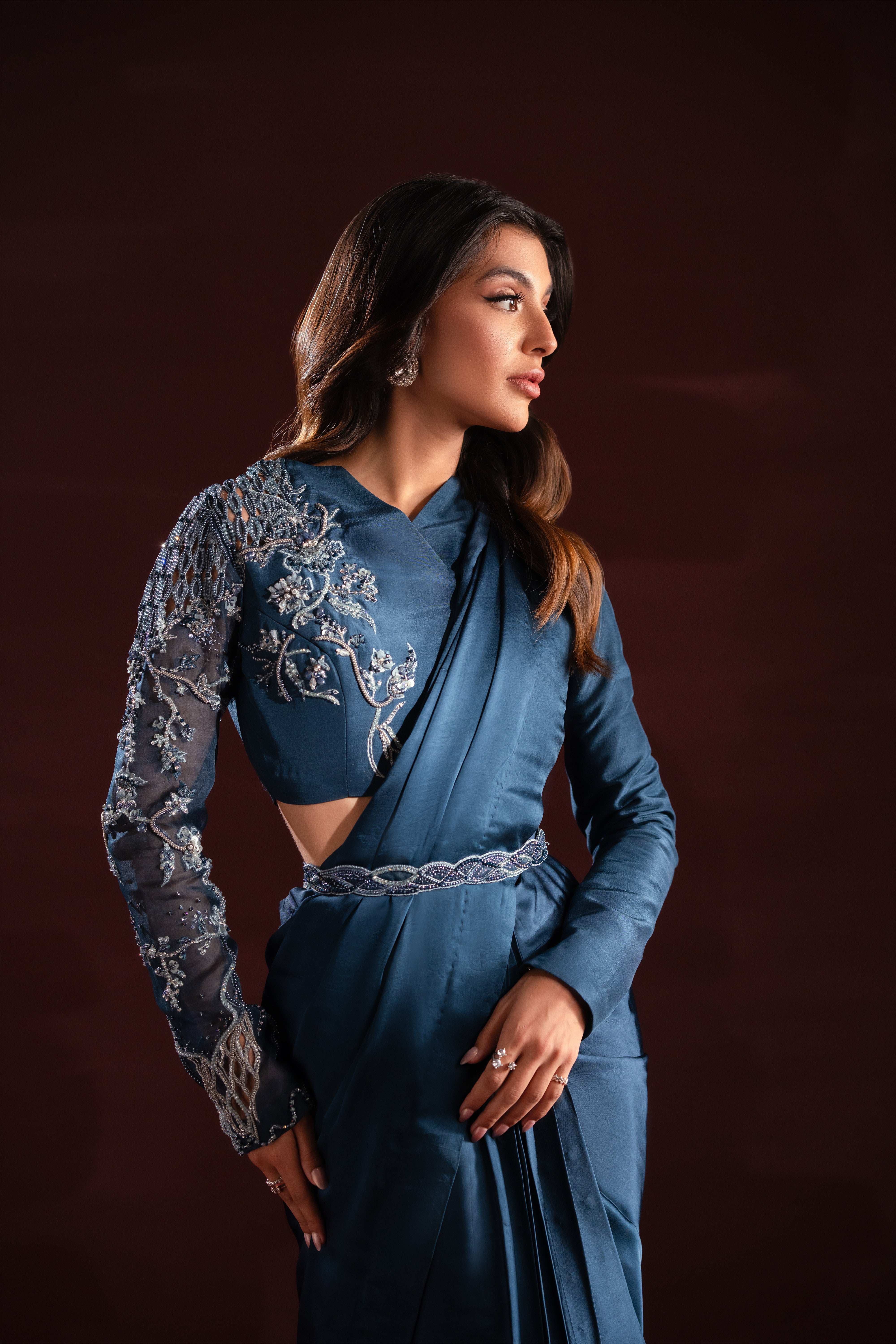 Deep Teal Embellished Silk Saree Set (4-Piece) - Image 2