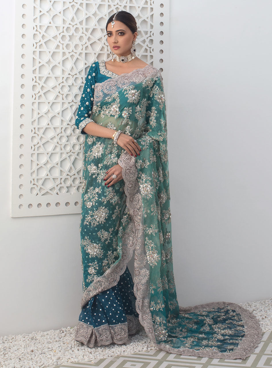 Teal Silver Embroidered Raw Silk & Organza Saree (2-Piece) - Image 1
