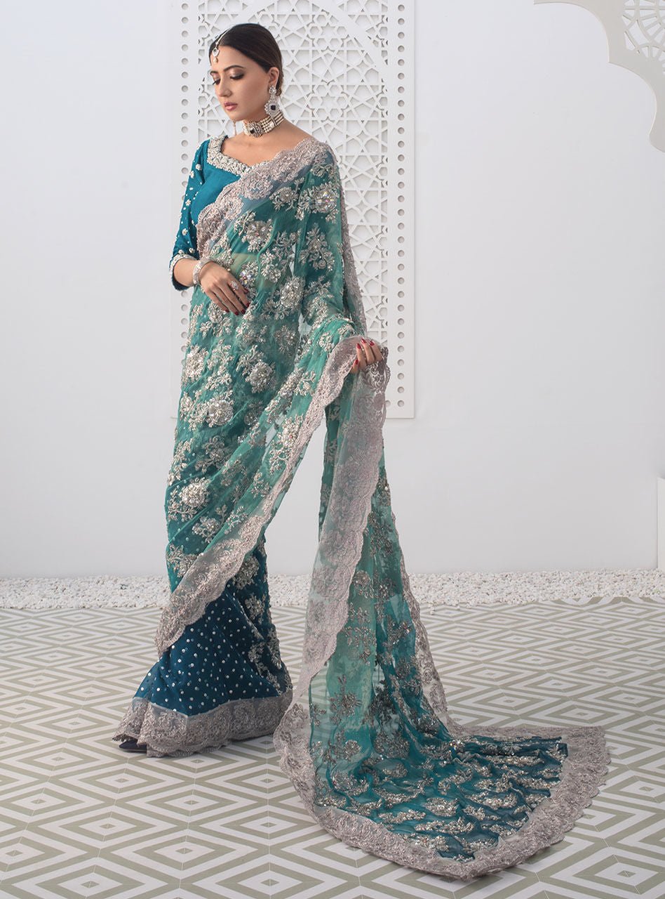 Teal Silver Embroidered Raw Silk & Organza Saree (2-Piece) - Image 3
