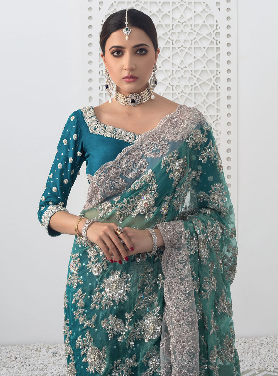Teal Silver Embroidered Raw Silk & Organza Saree (2-Piece) - Image 4