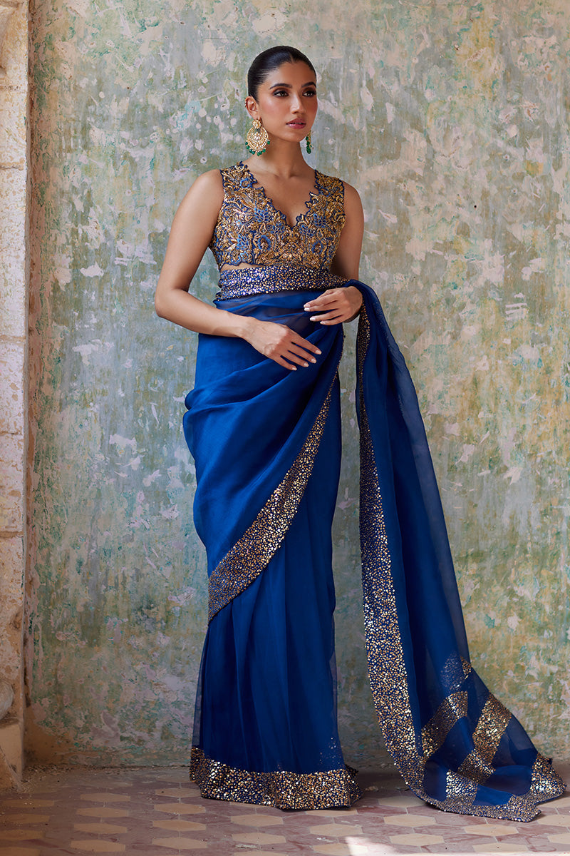 Teal Embroidered Silk Blouse & Organza Saree (2-Piece) - Image 1