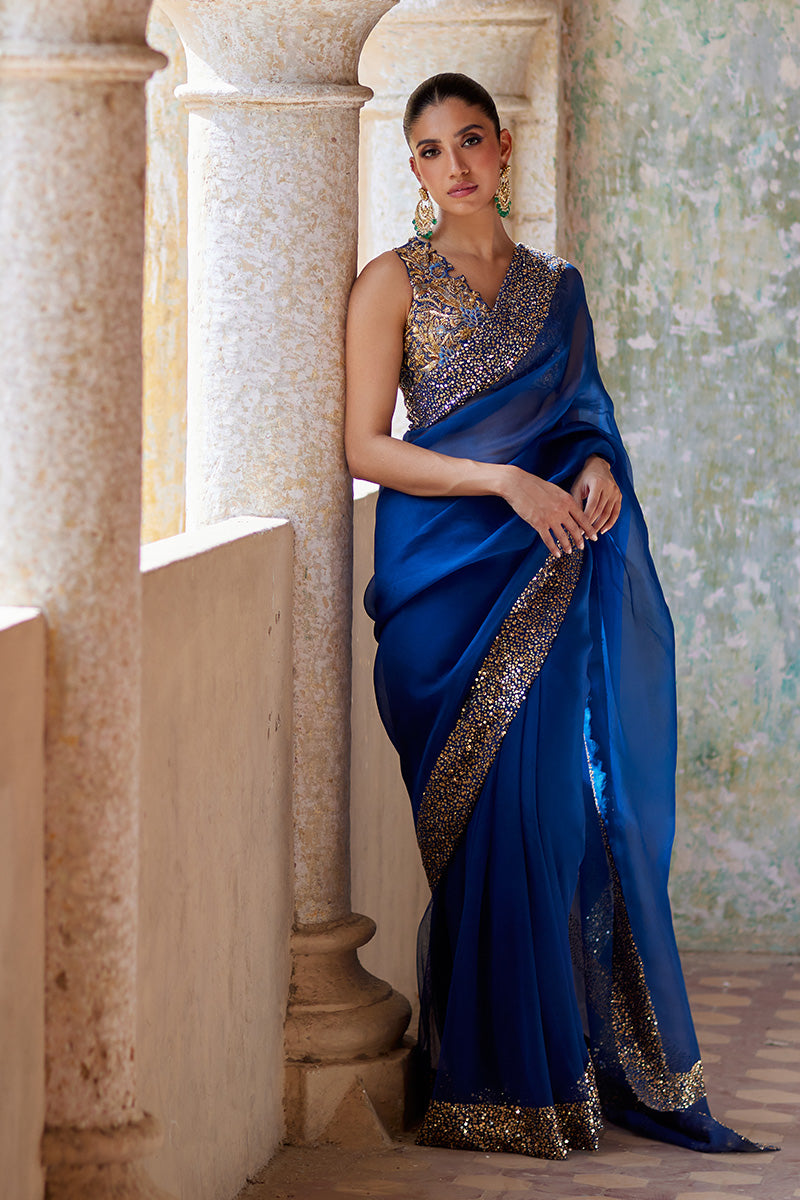 Teal Embroidered Silk Blouse & Organza Saree (2-Piece) - Image 2