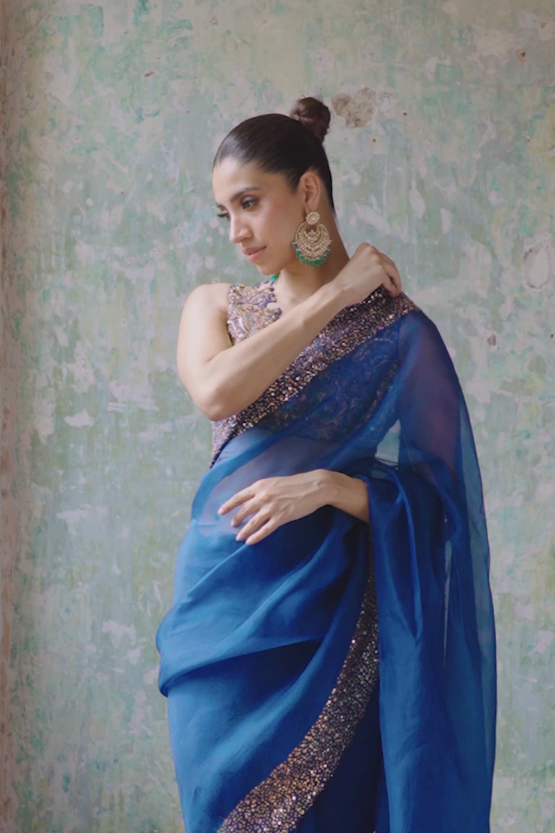 Teal Embroidered Silk Blouse & Organza Saree (2-Piece) - Image 3