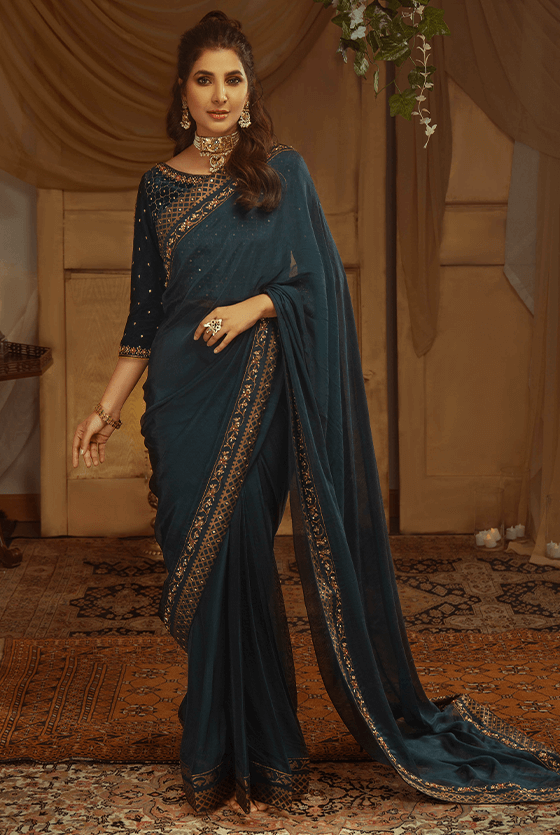 Pakistani Teal Hand-Embellished Tissue Silk Saree (2-Piece) - Image 2