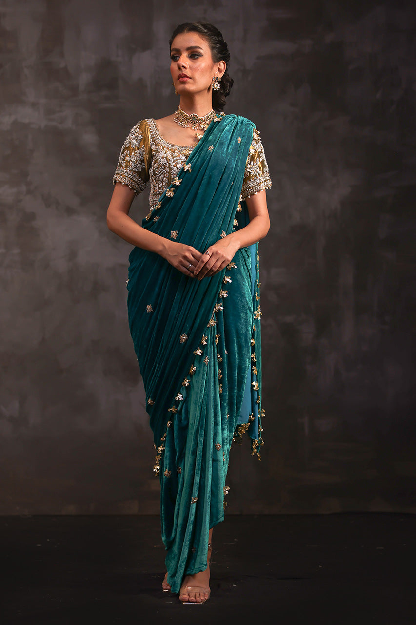 Murghabi Teal Embroidered Velvet & Metallic Silk Saree (3-Piece) - Image 2