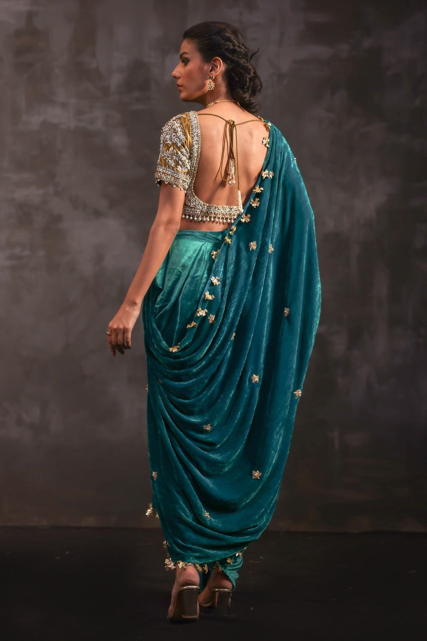 Murghabi Teal Embroidered Velvet & Metallic Silk Saree (3-Piece) - Image 3
