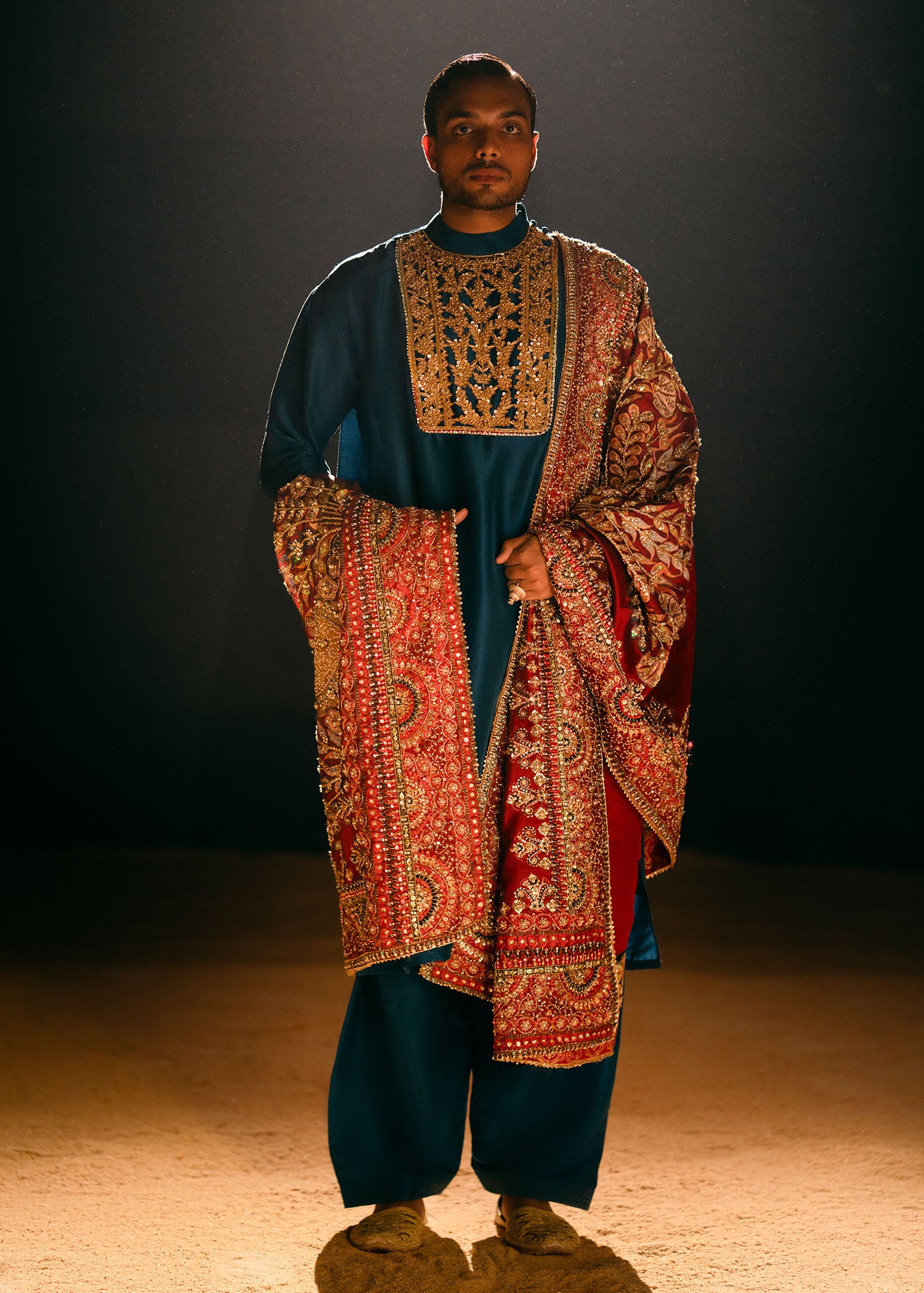 Teal Embroidered Raw Silk Kurta Shalwar (3-Piece) - Image 1