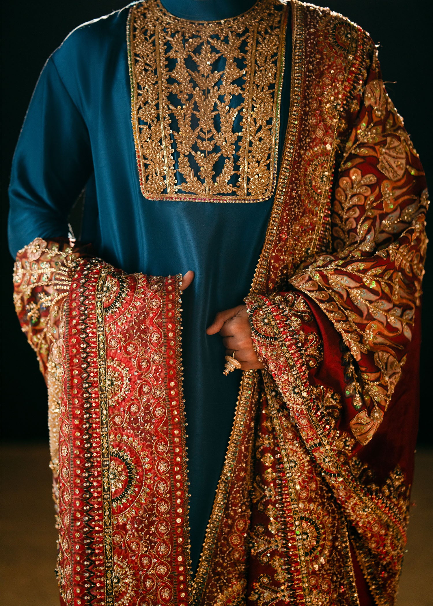 Teal Embroidered Raw Silk Kurta Shalwar (3-Piece) - Image 2