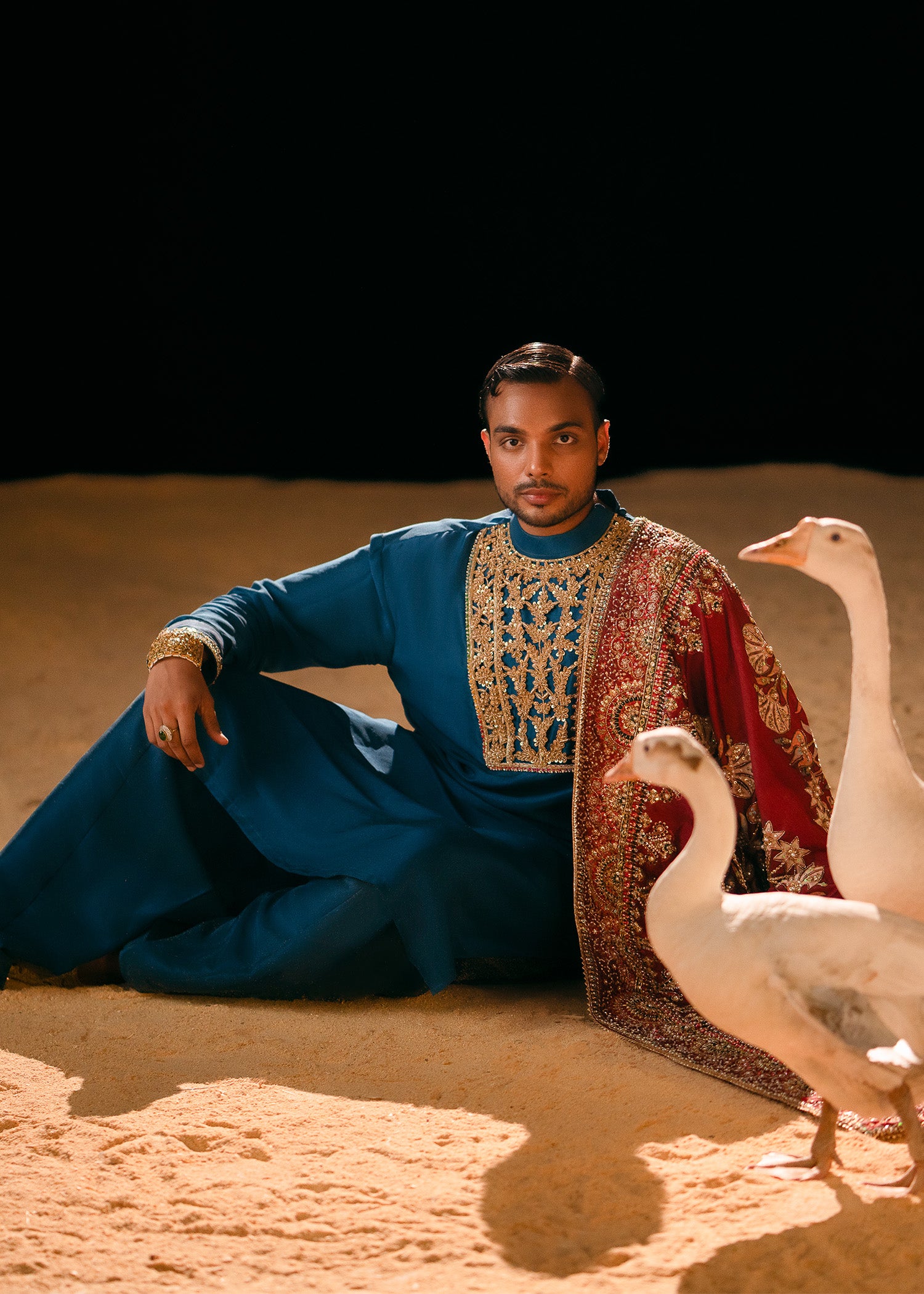 Teal Embroidered Raw Silk Kurta Shalwar (3-Piece) - Image 3