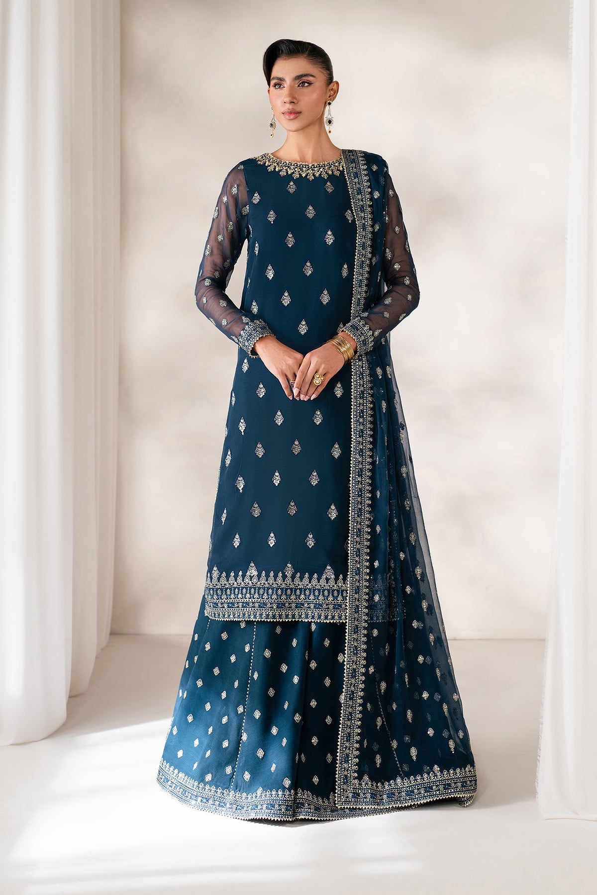 Pakistani Deep Teal Embroidered Chiffon Sharara (3-Piece) - Image 1