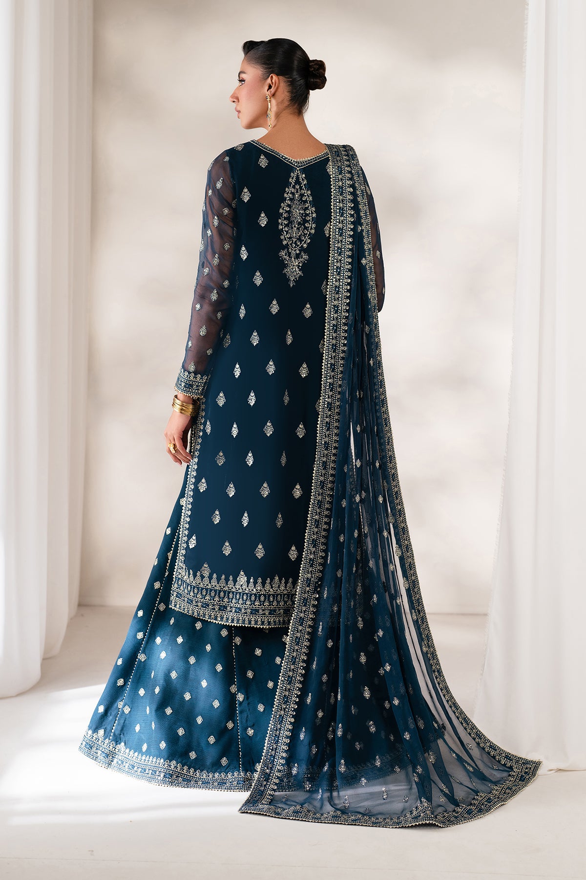 Pakistani Deep Teal Embroidered Chiffon Sharara (3-Piece) - Image 2