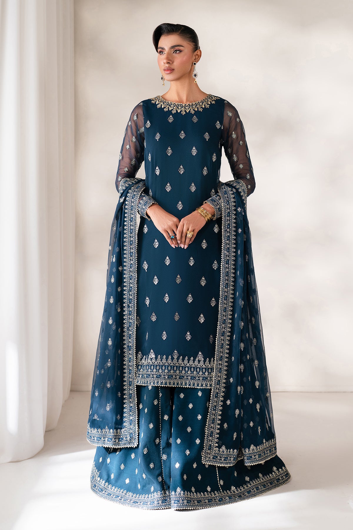 Pakistani Deep Teal Embroidered Chiffon Sharara (3-Piece) - Image 3