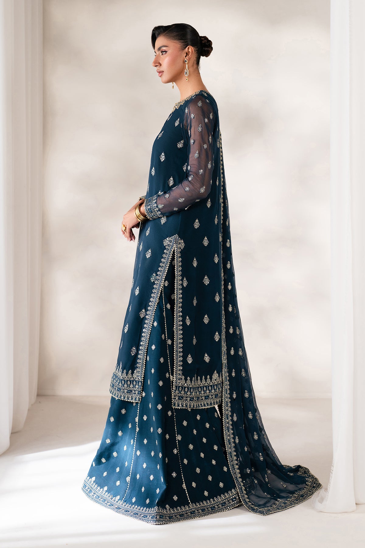 Pakistani Deep Teal Embroidered Chiffon Sharara (3-Piece) - Image 4