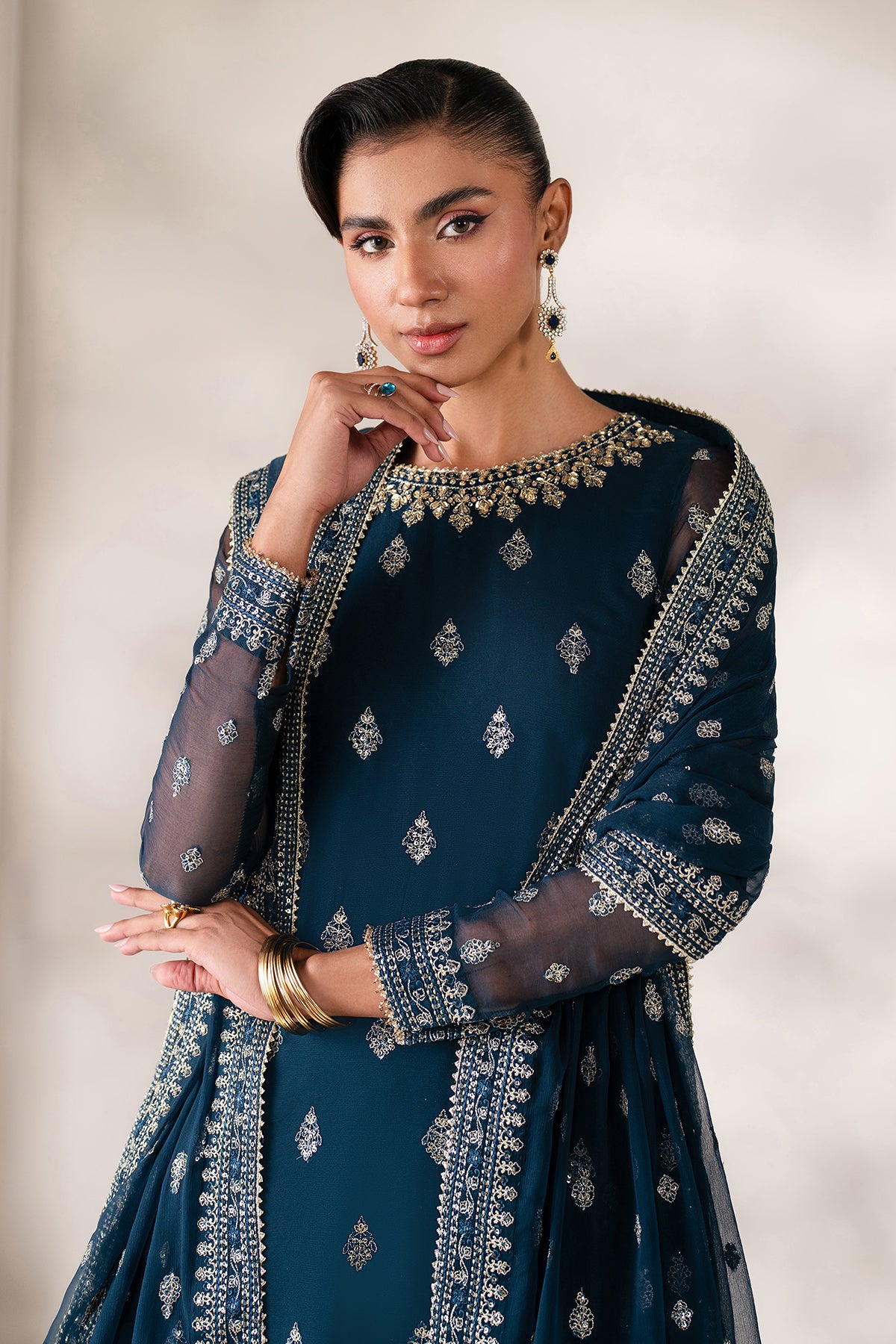 Pakistani Deep Teal Embroidered Chiffon Sharara (3-Piece) - Image 5