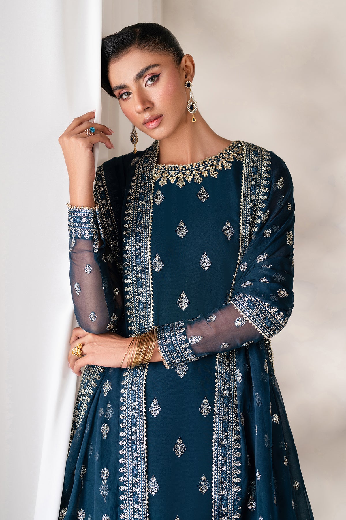 Pakistani Deep Teal Embroidered Chiffon Sharara (3-Piece) - Image 6