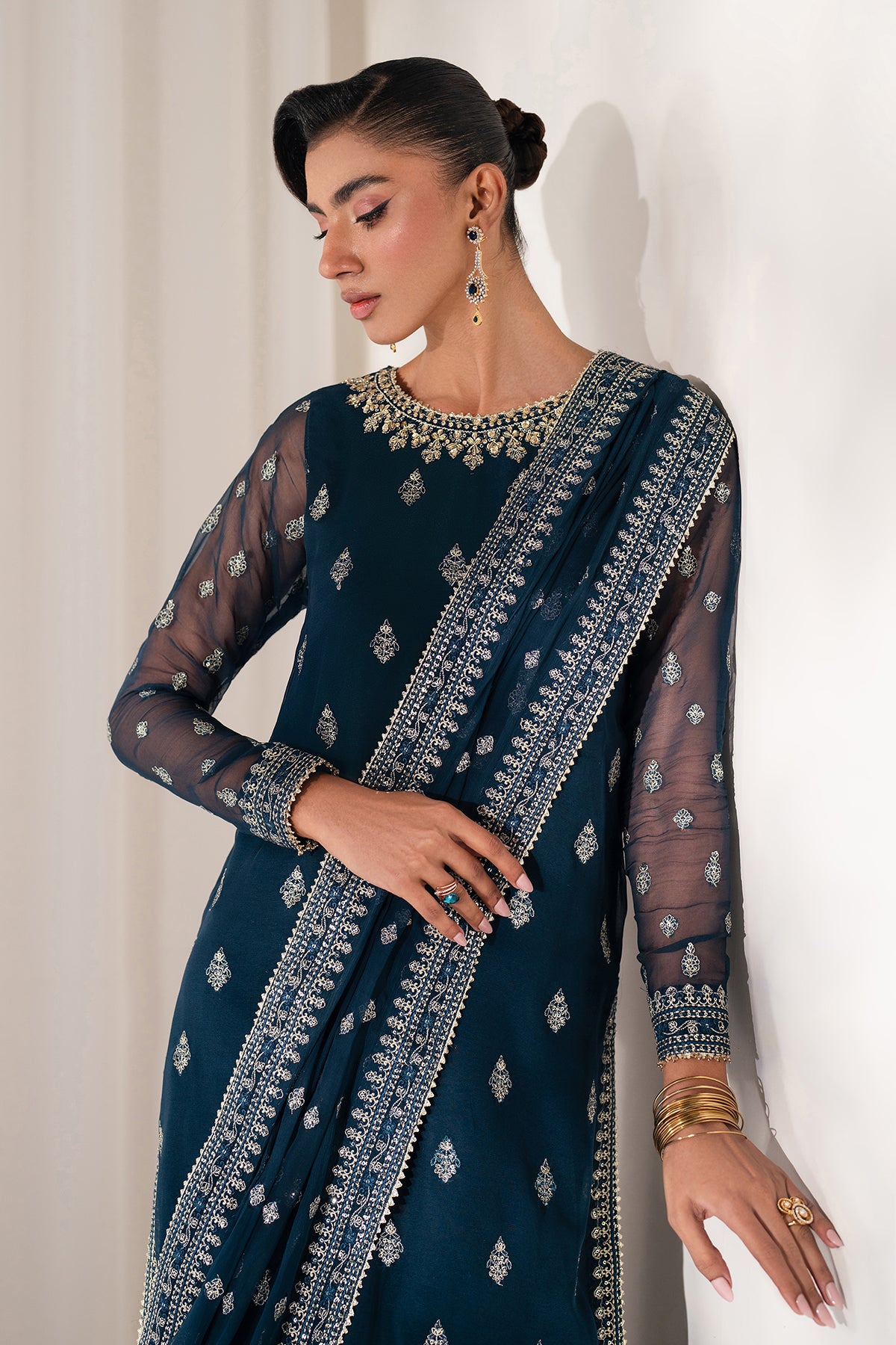 Pakistani Deep Teal Embroidered Chiffon Sharara (3-Piece) - Image 7