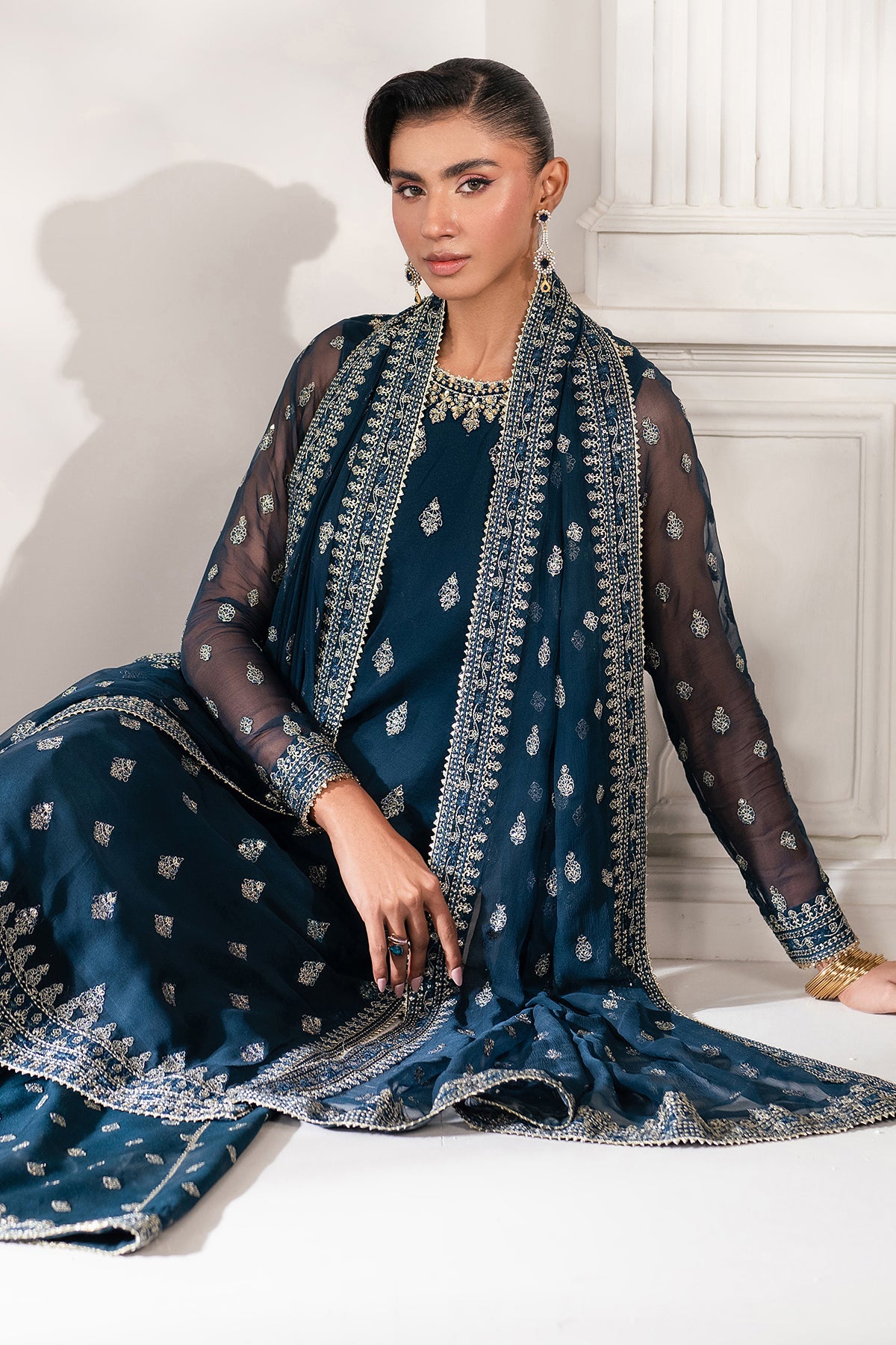 Pakistani Deep Teal Embroidered Chiffon Sharara (3-Piece) - Image 8