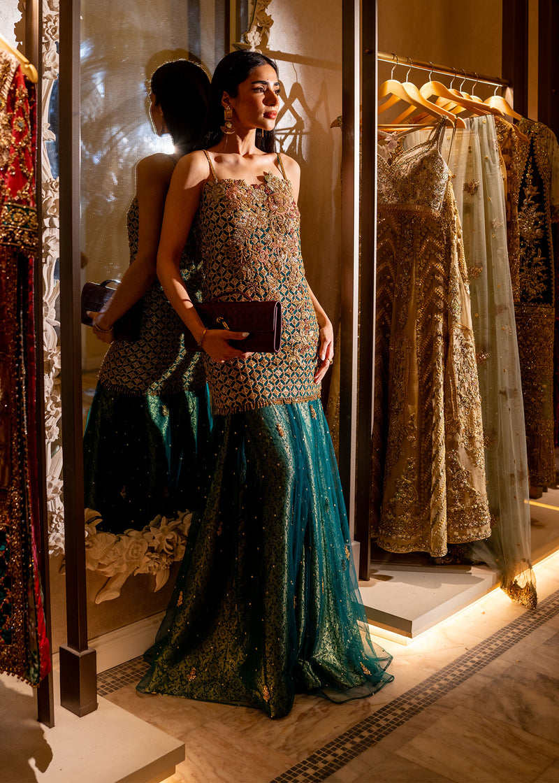 Teal Gold Hand-Embellished Net Silk Sharara (2-Piece) - Image 1