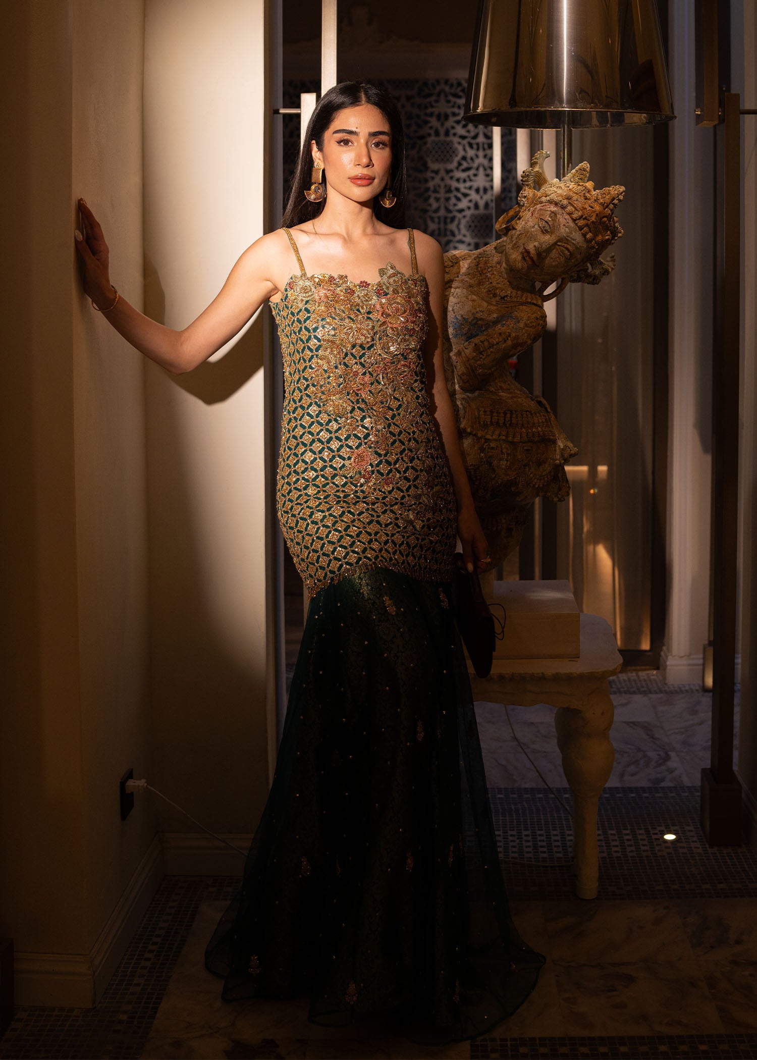 Teal Gold Hand-Embellished Net Silk Sharara (2-Piece) - Image 3