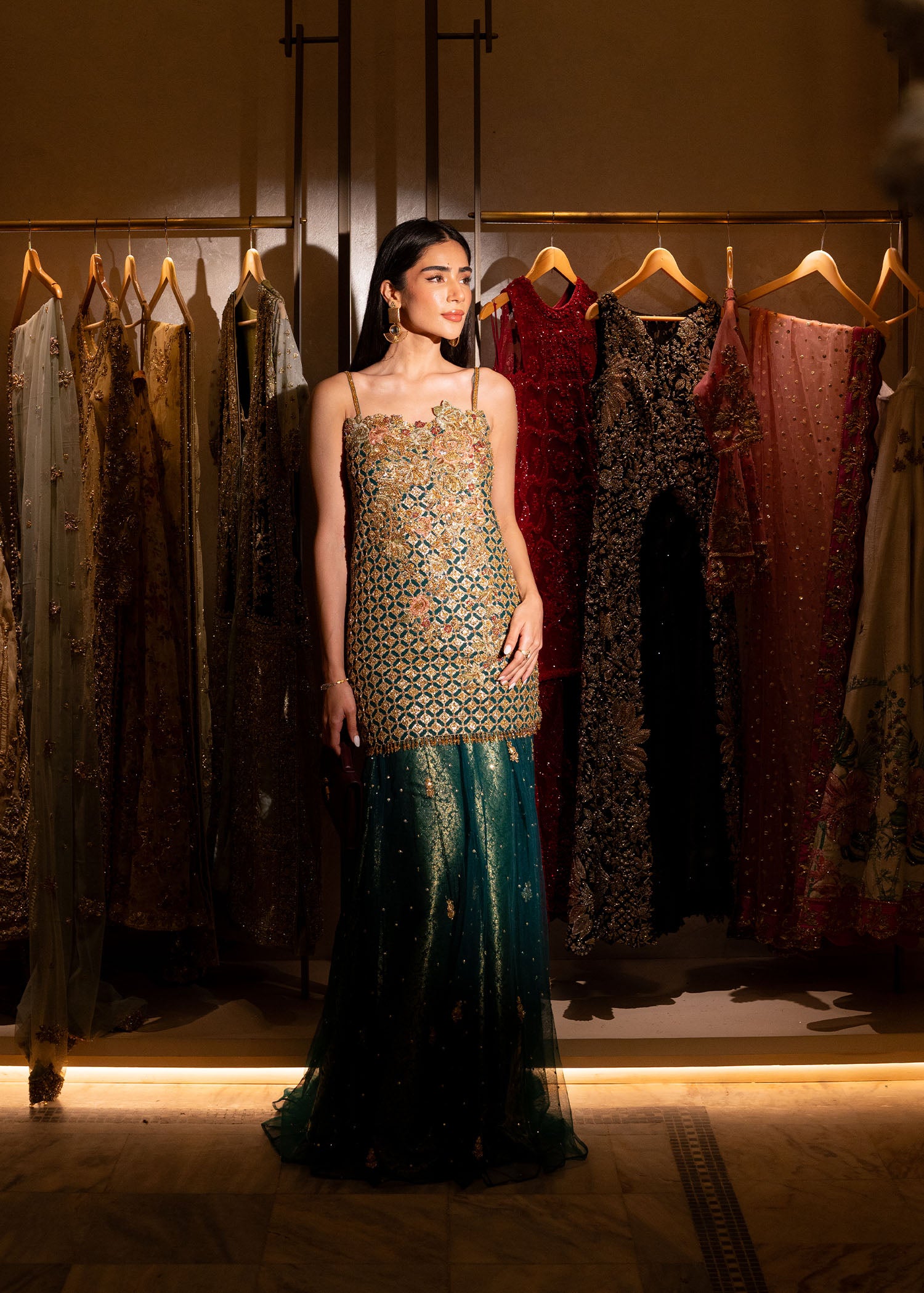 Teal Gold Hand-Embellished Net Silk Sharara (2-Piece) - Image 4