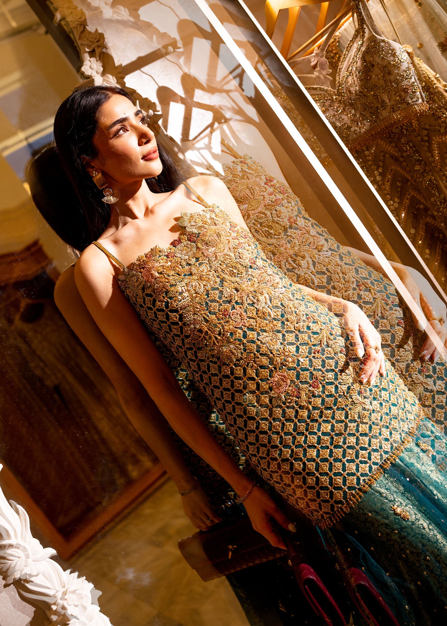 Teal Gold Hand-Embellished Net Silk Sharara (2-Piece) - Image 8