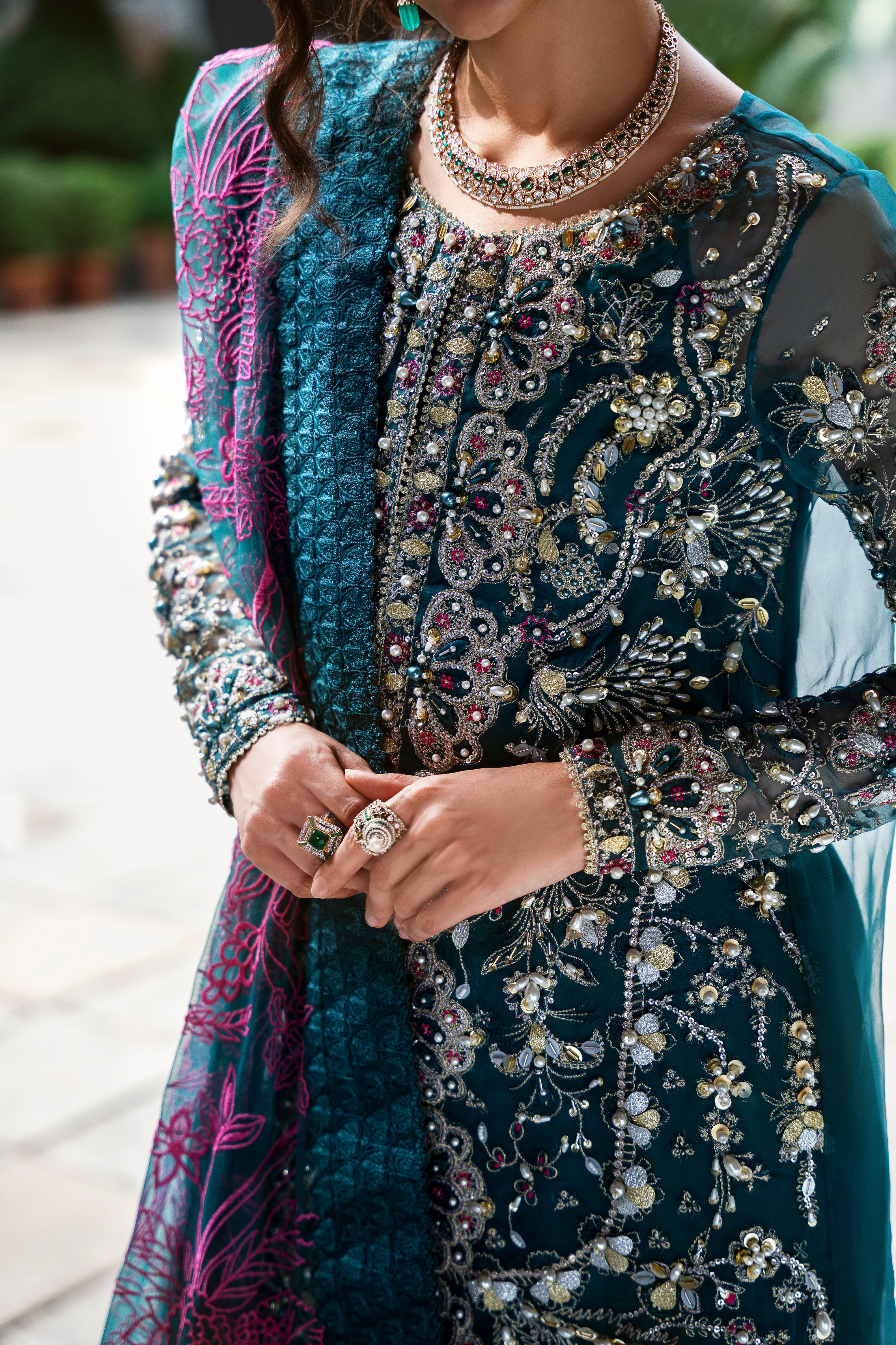 Teal Green Embellished Net Sharara (3-Piece) - Image 2