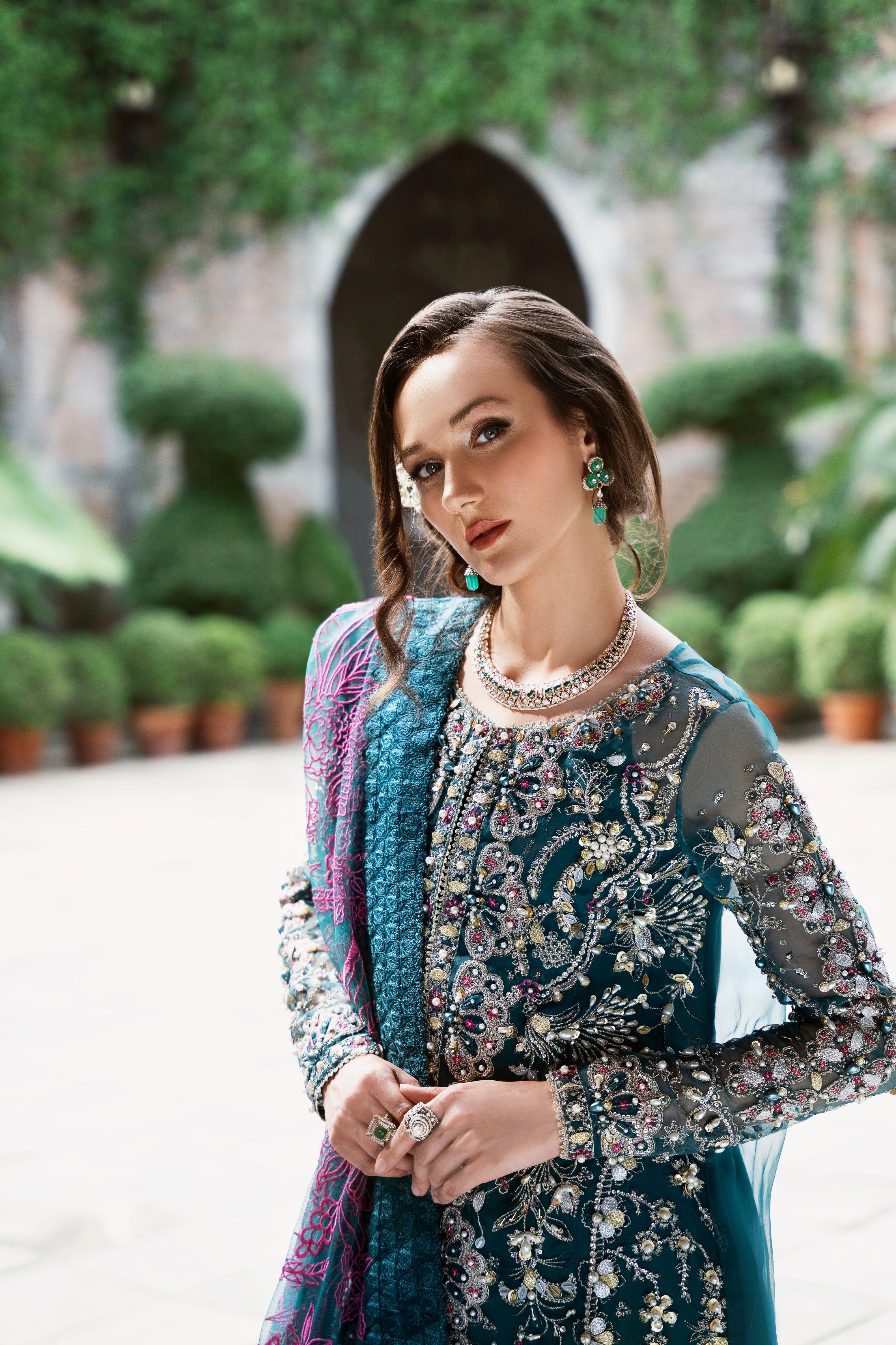 Teal Green Embellished Net Sharara (3-Piece) - Image 3