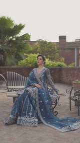 Pakistani Teal Blue Embroidered Organza Sharara Set (3-Piece) - Image 7