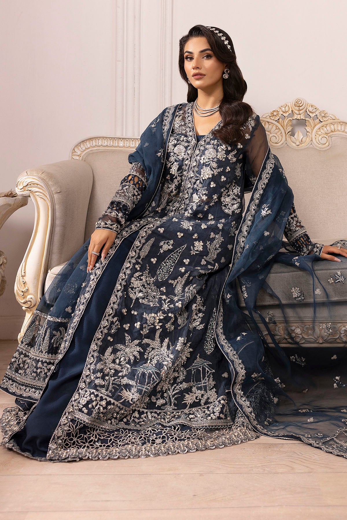 Pakistani Teal Blue Hand-Embellished Organza Silk Sharara (3-Piece) - Image 5