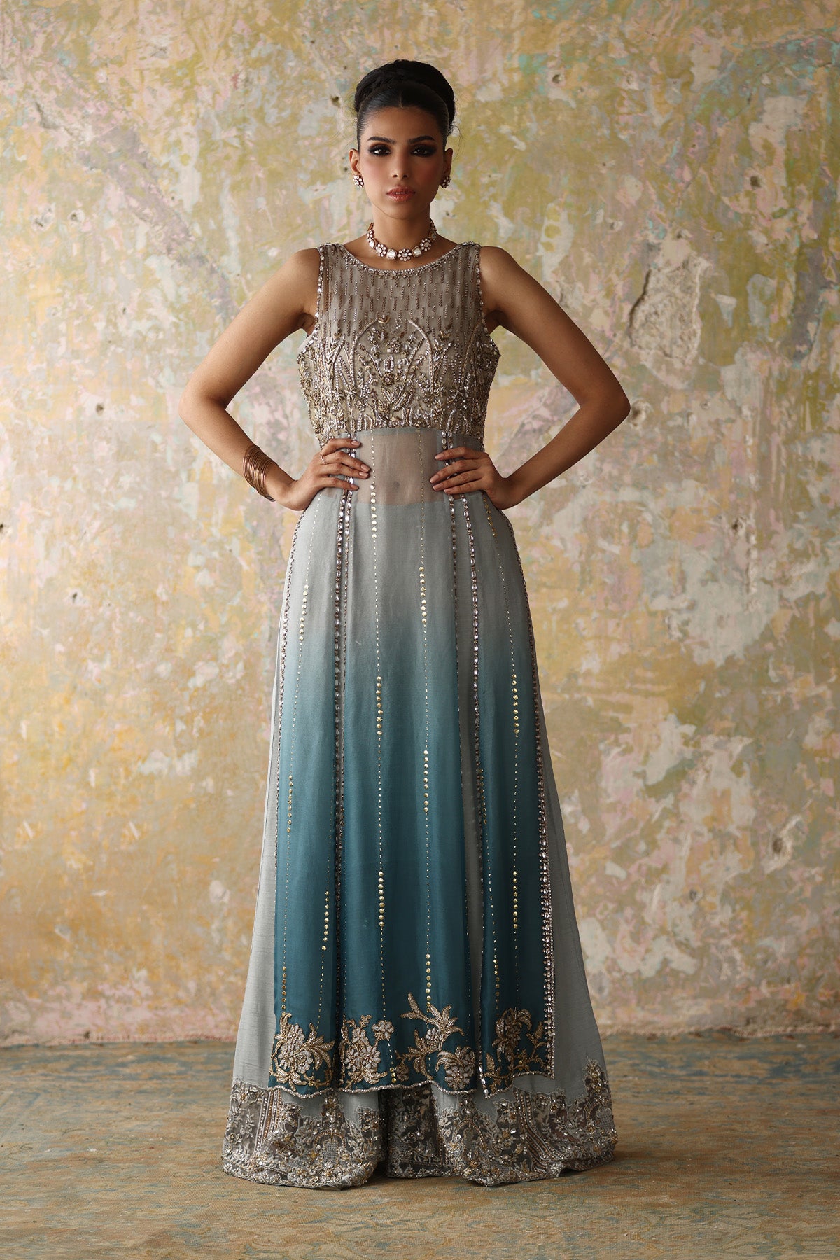Pakistani Teal Gradient Zardozi Organza Sharara (2-Piece) - Image 1