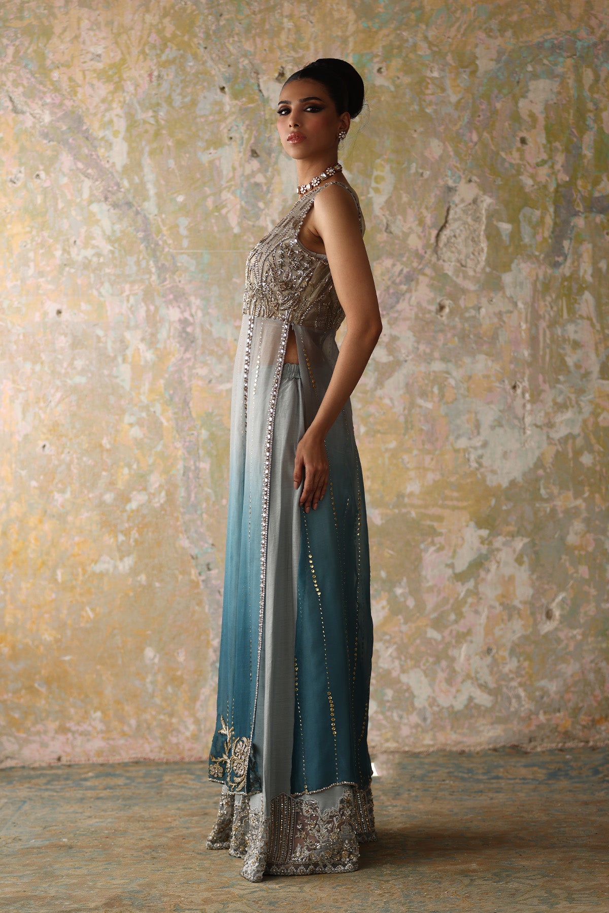 Pakistani Teal Gradient Zardozi Organza Sharara (2-Piece) - Image 2