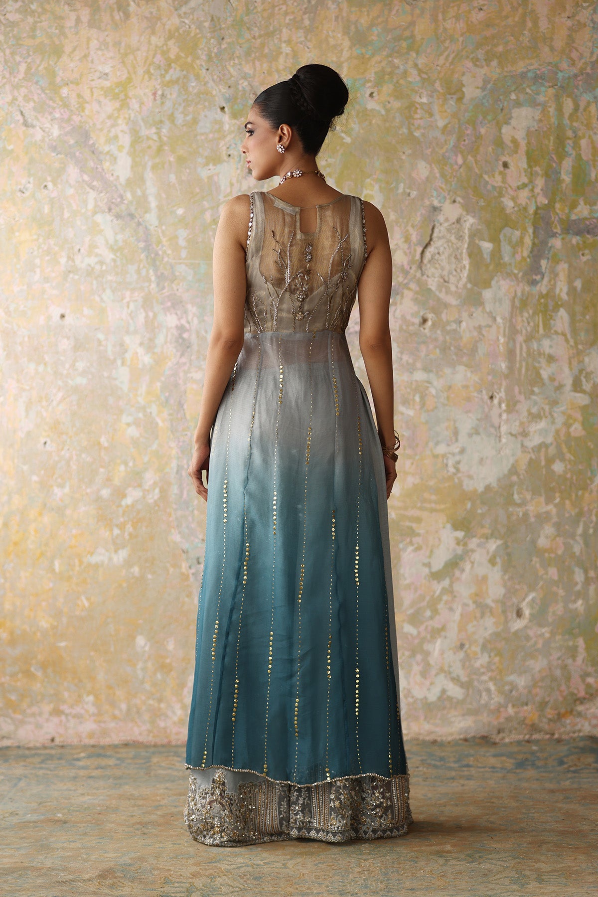 Pakistani Teal Gradient Zardozi Organza Sharara (2-Piece) - Image 3