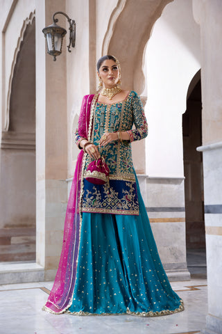 Pakistani Teal Dabka Resham Chiffon Sharara (3-Piece) - Image 2
