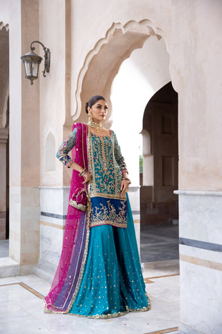 Pakistani Teal Dabka Resham Chiffon Sharara (3-Piece) - Image 3