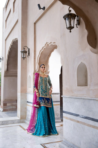Pakistani Teal Dabka Resham Chiffon Sharara (3-Piece) - Image 4