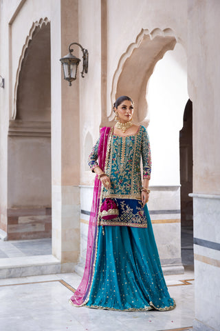 Pakistani Teal Dabka Resham Chiffon Sharara (3-Piece) - Image 5
