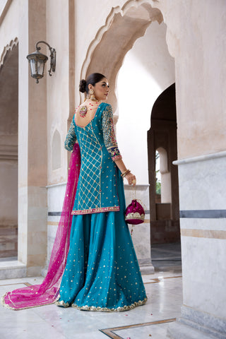 Pakistani Teal Dabka Resham Chiffon Sharara (3-Piece) - Image 6