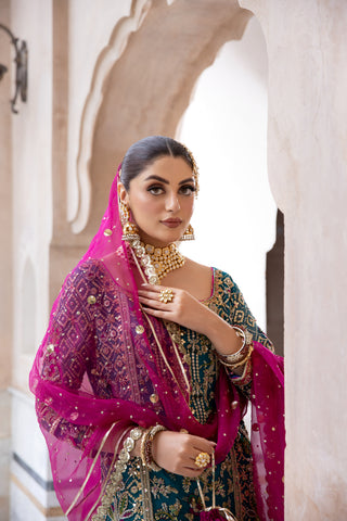 Pakistani Teal Dabka Resham Chiffon Sharara (3-Piece) - Image 7