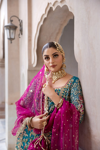 Pakistani Teal Dabka Resham Chiffon Sharara (3-Piece) - Image 8