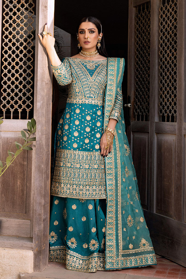 Pakistani Teal Embroidered Raw Silk Sharara Set (3-Piece) - Image 1