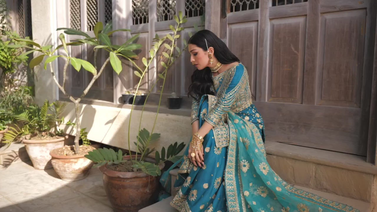 Pakistani Teal Embroidered Raw Silk Sharara Set (3-Piece) - Image 11